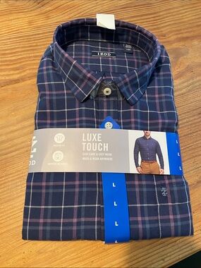 NWT Izod Men's Large Navy and Purple Plaid Button-Down Shirt